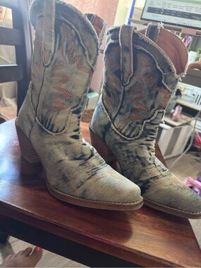 dingo Distressed Denim Western Ankle Boots - Blue and Brown